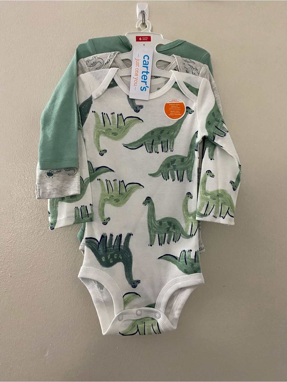 Carter's White and Green Dinosaur Print Long-Sleeve One-Piece Bodysuit
